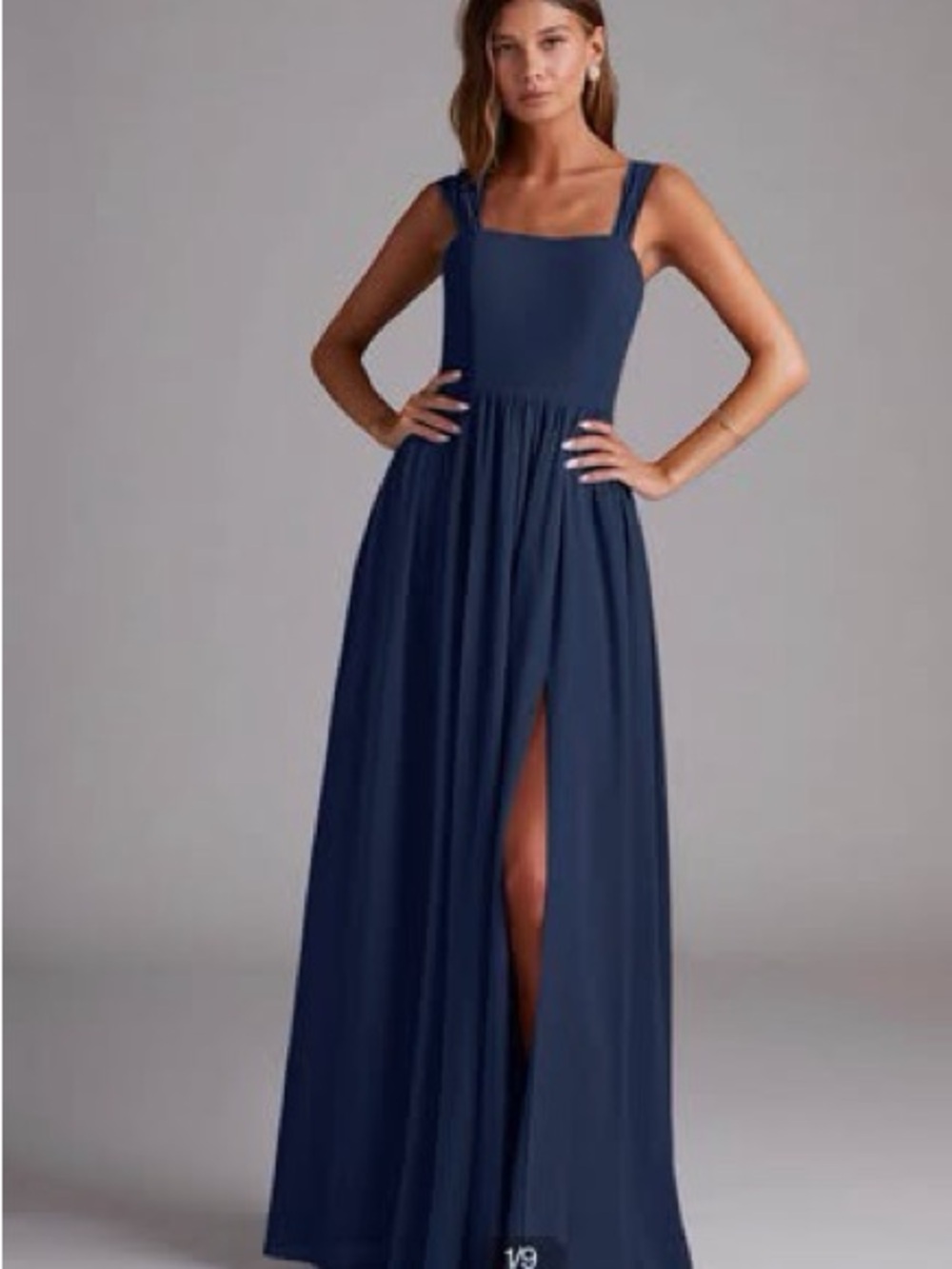 Azazie Navy Square-Neck Maxi with Thigh Slit